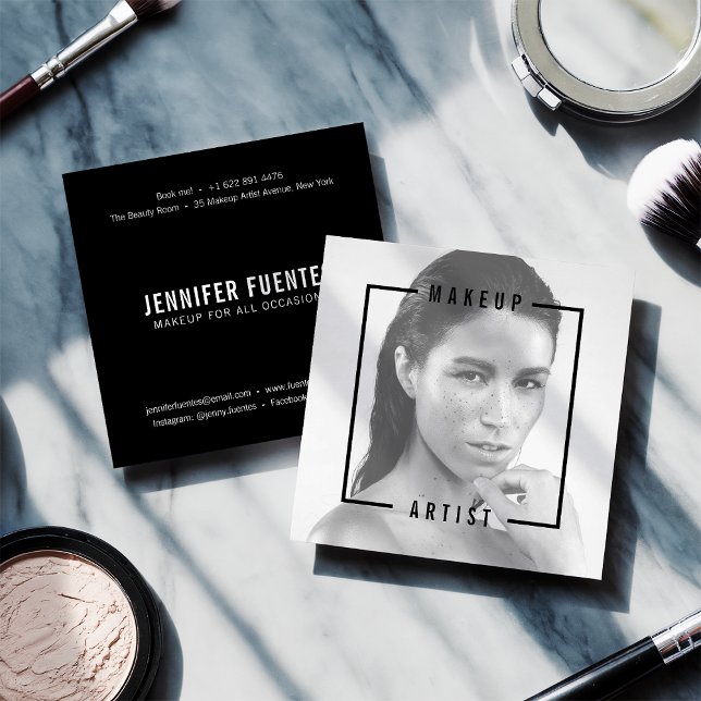 Cartão De Visita Quadrado Foto moderna, negrito, artista de maquiagem (Modern photo bold black typography makeup artist)