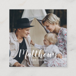 Cartão De Visita Quadrado Foto personalizada com nome de família e ano estab