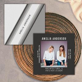 Cartão De Visita Quadrado Foto Personalizada Preto e Branco Listra Retro Ano