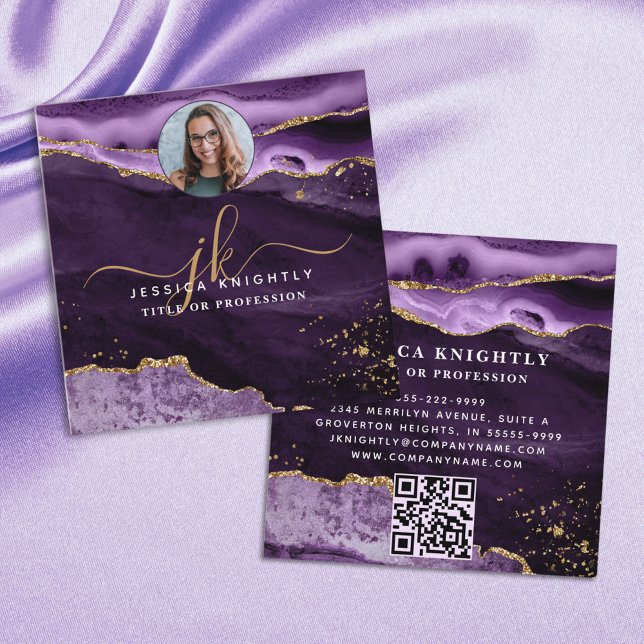 Cartão De Visita Quadrado Foto QR de Script Glitter Dourado de Agato Roxo (Criador carregado)