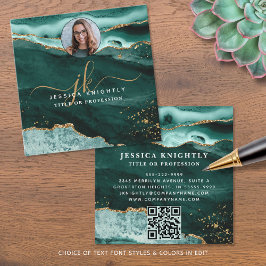 Cartão De Visita Quadrado Foto QR do Script Glitter Dourado do Agate Turquoi