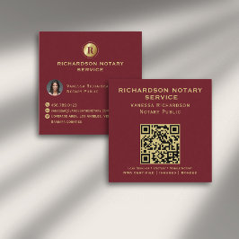 Cartão De Visita Quadrado Foto QR Notária Elegante de Monograma Dourado Verm