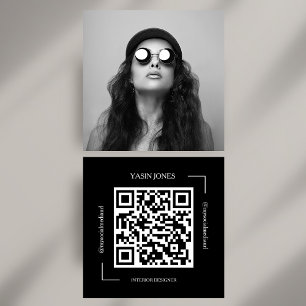 Cartão De Visita Quadrado Foto Social Quadrada em Preto e Branco com QR Code