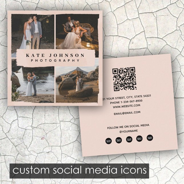 Cartão De Visita Quadrado Fotografador de Foto Rosa 4 com Pincel Esmagado Mo (Modern Brush Blush Pink 4 Photo Photographer Square Business Card)