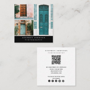 Cartão De Visita Quadrado Fotografia 3 Fotografias Código QR Ícones de Mídia