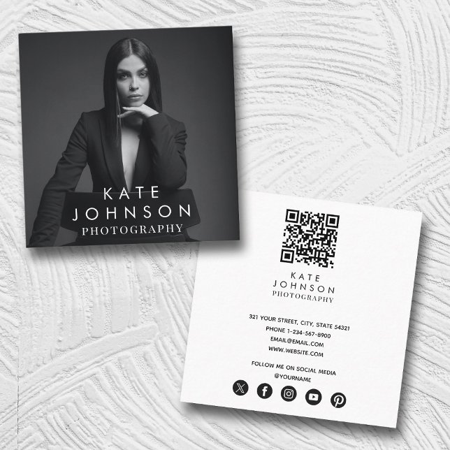 Cartão De Visita Quadrado Fotografia do Cheio Moderno Trendy para Preto Bran (Modern Trendy Full Photo Black White Photography Square Business Card)
