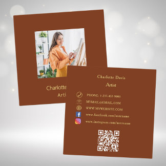 Cartão De Visita Quadrado Fotografia marrom de ferrugem Código QR mídia soci