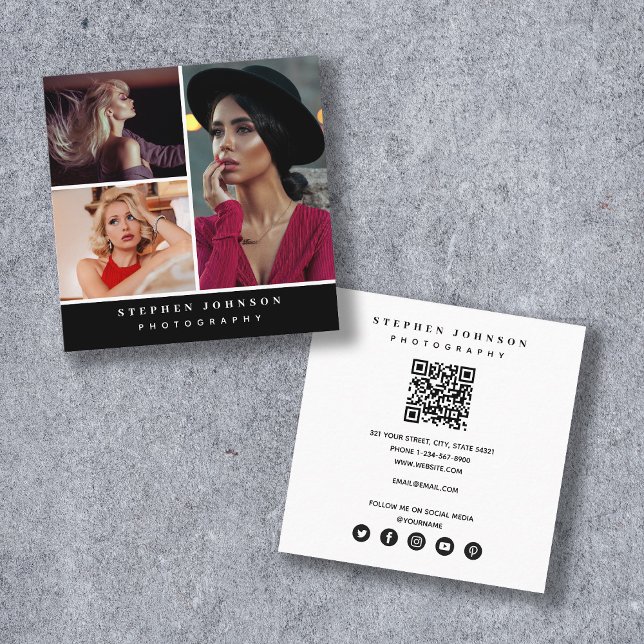 Cartão De Visita Quadrado Fotógrafo 3 Fotos Código QR Ícones de Mídia Social (Criador carregado)