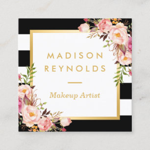 Cartão De Visita Quadrado Frame Floral Dourado Elegante - Listras Brancas Pr