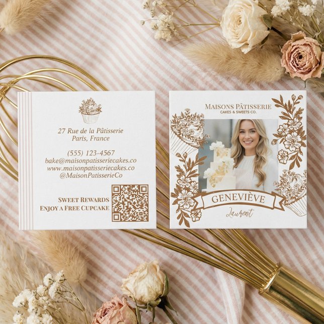 Cartão De Visita Quadrado French Hand Drawn Floral Cupcake Bakery Photo (French Hand Drawn Floral Cupcake Bakery Photo Square Business Card)