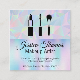 Cartão De Visita Quadrado Fundo Holográfico Geométrico Kit de maquilhagem