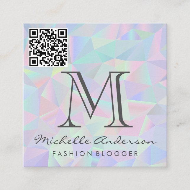 Cartão De Visita Quadrado Fundo Holográfico Geométrico | Rótulo de Análise Q (Frente)