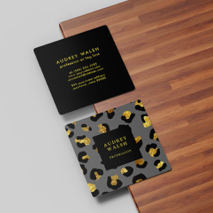 Cartão De Visita Quadrado Garota Glittery Dourada Cinza Leopardo imprimida L
