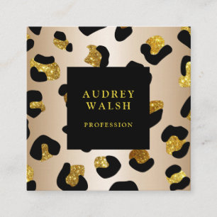 Cartão De Visita Quadrado Garota Glittery Faux Dourada Leopard, impressão L