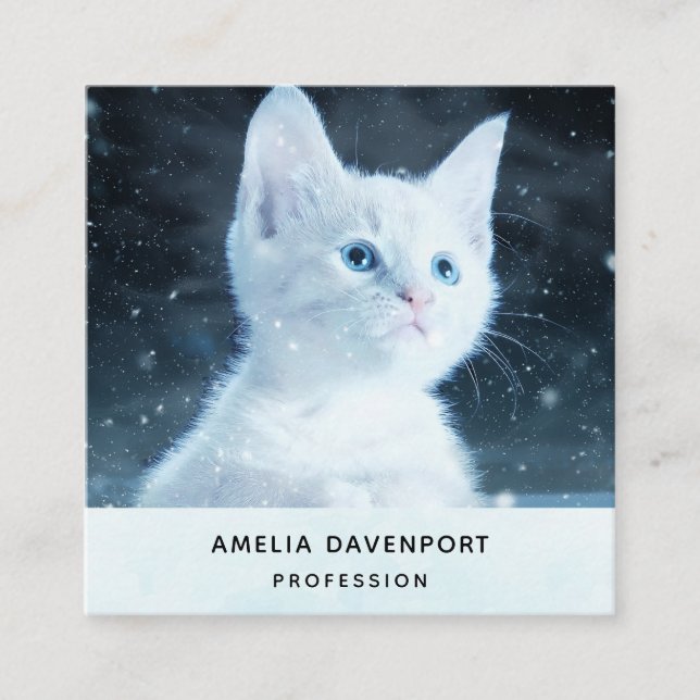 Cartão De Visita Quadrado Gatinho branco e bonito com olhos azuis Bonito (Frente)