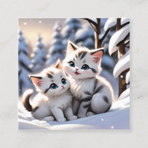 Cartão De Visita Quadrado Gatinhos brincando na neve branca é um encantador 