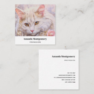 Cartão De Visita Quadrado Gato Branco Elegante em Ouro e Diamantes