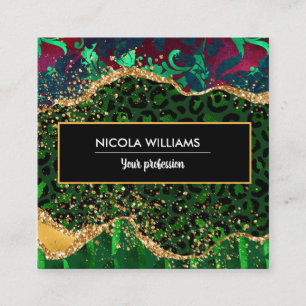 Cartão De Visita Quadrado Gato de Impressão da Selva Safari Verde