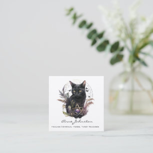 Cartão De Visita Quadrado Gato Preto Aquarela e Pentagrama