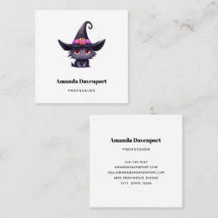 Cartão De Visita Quadrado Gato preto bonito Vestindo chapéu de bruxa