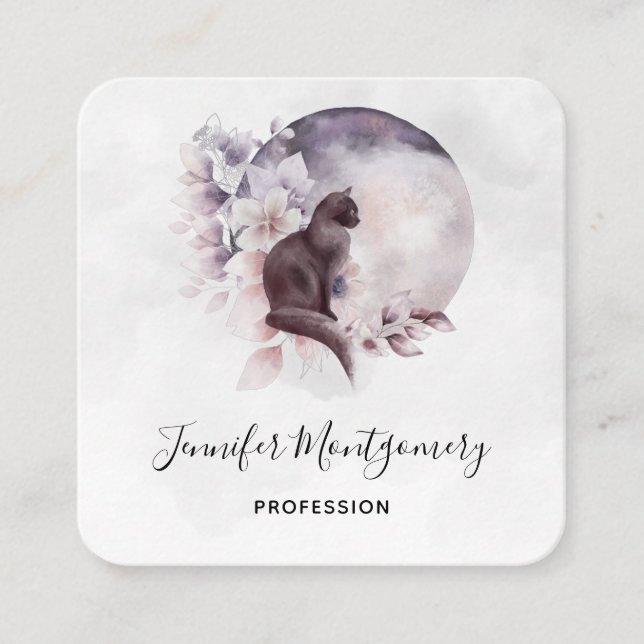 Cartão De Visita Quadrado Gato Preto em Frente a Lua Completa Mágica (Frente)