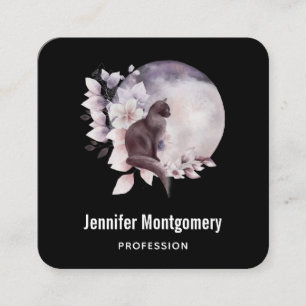 Cartão De Visita Quadrado Gato Preto em Frente a Lua Completa Mágica