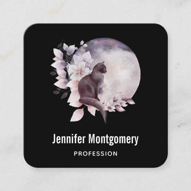 Cartão De Visita Quadrado Gato Preto em Frente a Lua Completa Mágica (Frente)