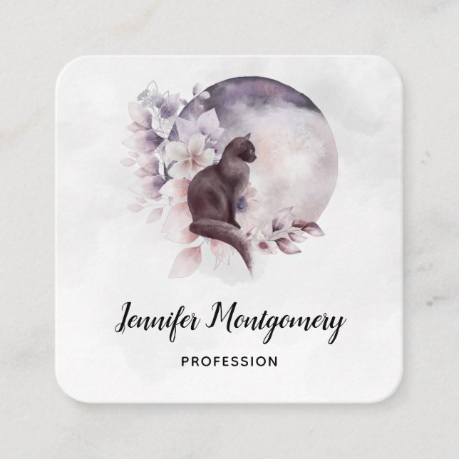 Cartão De Visita Quadrado Gato Preto em Frente a Lua Completa Mágica (Frente)