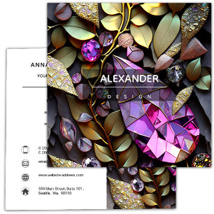 Cartão De Visita Quadrado Gemstones Cristais Iridescentes, Rosa,Fuchsia,Dour