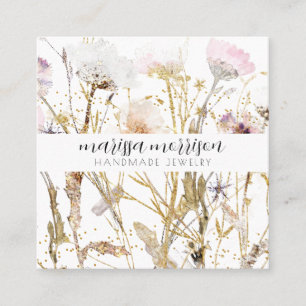 Cartão De Visita Quadrado Gewelry Wildflower Rosa Dourado