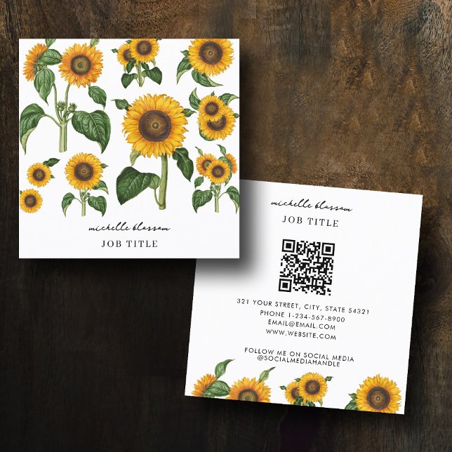 Cartão De Visita Quadrado Girassóis Folhagem Botânica Verde Código QR (Sunflowers Botanical Foliage Greenery QR Code Square Business Card)