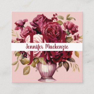 Cartão De Visita Quadrado Girly Elegant Pink Burgundy Rosas vermelhas