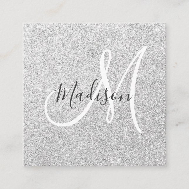 Cartão De Visita Quadrado Girly & Glam Cinza Silver Glitter Sparkle Monogram (Frente)