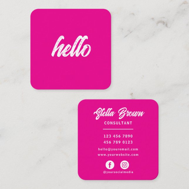 Cartão De Visita Quadrado Girly Pink Hello Chic Bold Text (Frente/Verso)
