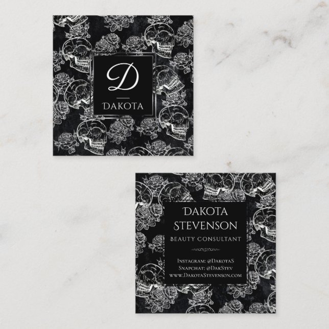 Cartão De Visita Quadrado Giz Rosa do crânio | Monograma de Grunge Gótico Fu (Frente/Verso)