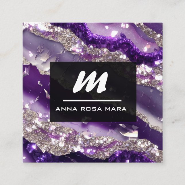 Cartão De Visita Quadrado *~* Glam de Lavanda Roxo Lúxw Glam QR Inicial AP66 (Frente)