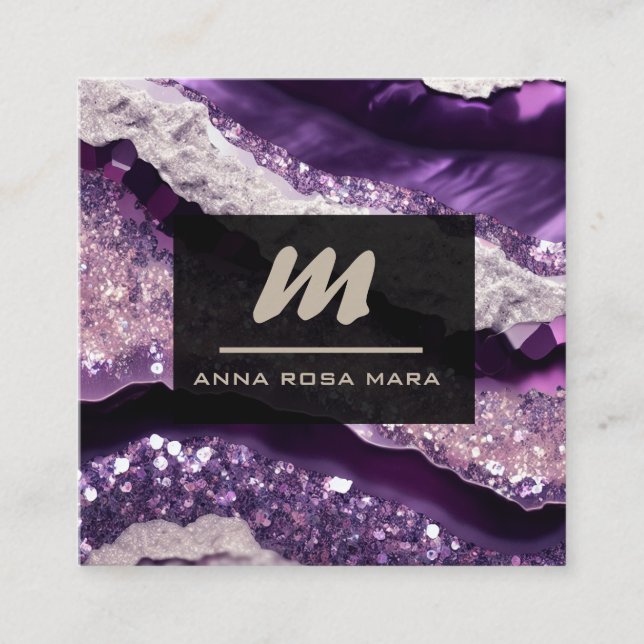 Cartão De Visita Quadrado *~* Glam Lavanda Roxo QR Luxe AP66 inicial (Frente)