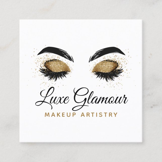 Cartão De Visita Quadrado Glamorous Dourado Olhos Lashes Makeup Artist BeauB (Frente)