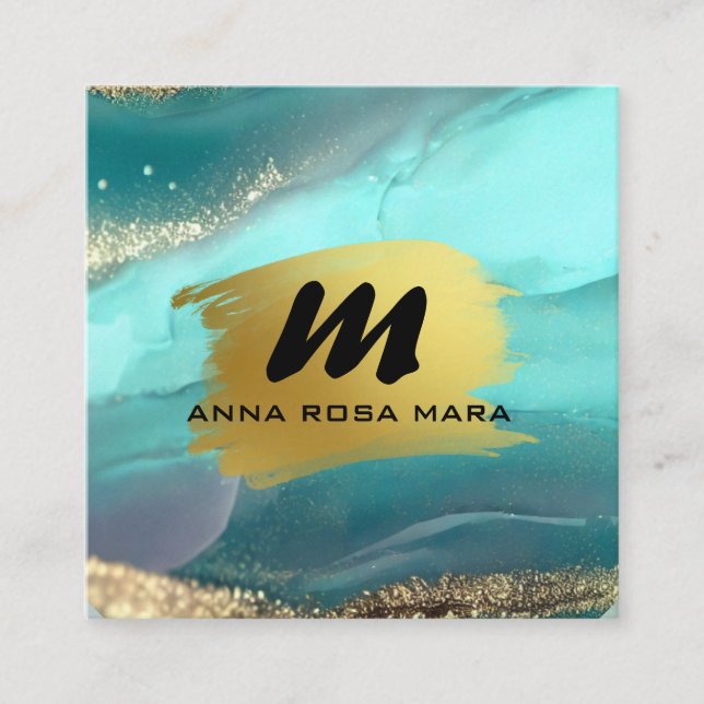 Cartão De Visita Quadrado *~* Glitter AP66 Luxe TURQUOISE Agate DOURADO QR (Frente)