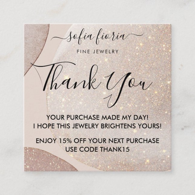 Cartão De Visita Quadrado Glitter Dourado Artístico Obrigado Por Sua Ordem (Frente)