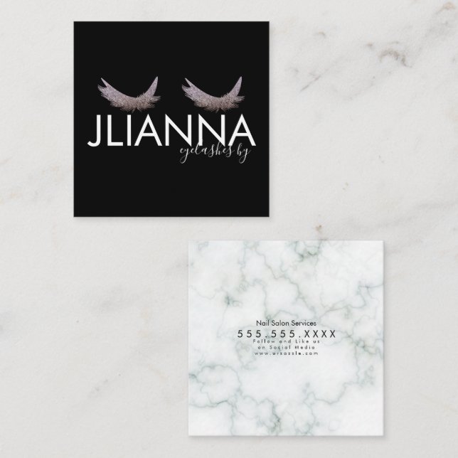 Cartão De Visita Quadrado Glitter Eyelashes Salão Preto Branco (Frente/Verso)