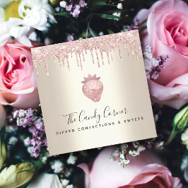 Cartão De Visita Quadrado Glitter Rosa Coloca Morango Chocolate Doce Dourado