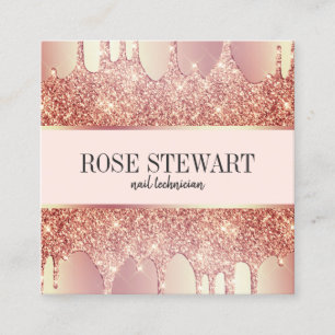 Cartão De Visita Quadrado Glitter rosa de cobre elegante gotas unhas
