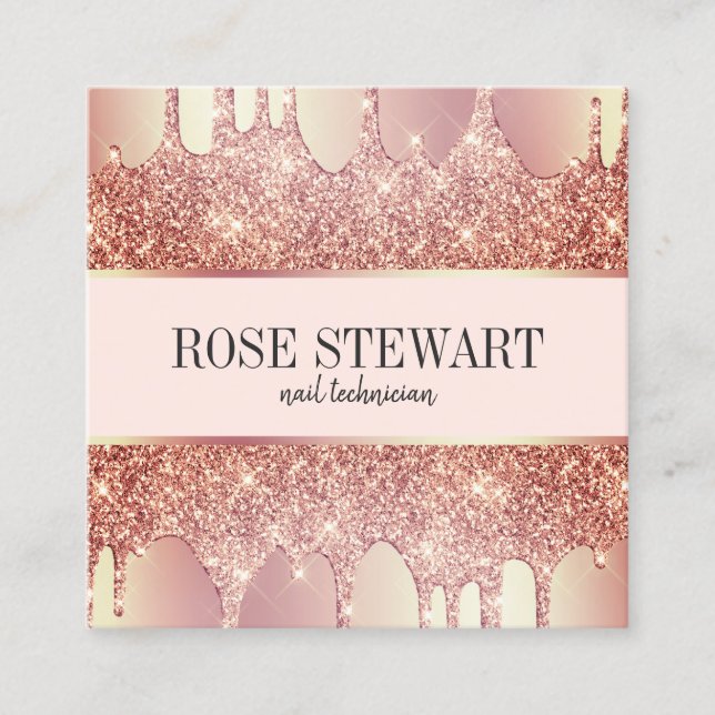 Cartão De Visita Quadrado Glitter rosa de cobre elegante gotas unhas (Frente)
