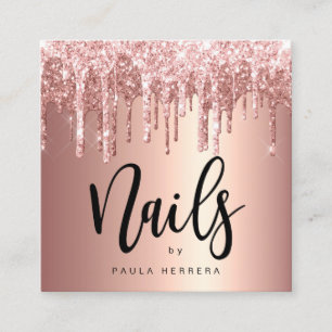 Cartão De Visita Quadrado Glitter rosa de cobre elegante gotas unhas