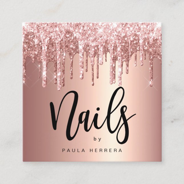 Cartão De Visita Quadrado Glitter rosa de cobre elegante gotas unhas (Frente)