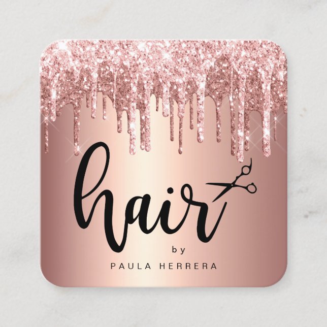 Cartão De Visita Quadrado Glitter rosa de cobre elegante goteja de cabelo (Frente)