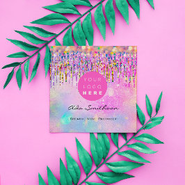 Cartão De Visita Quadrado Glitter Unicorn Coletor do Arco-Íris Drip QRCodeLo