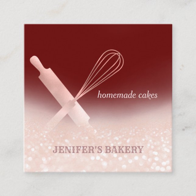 Cartão De Visita Quadrado Glittery rosa de ouro rolando pino uísque padaria  (Frente)