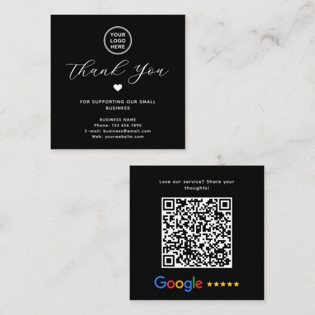 Cartão De Visita Quadrado Google Review QR Code Obrigado Black Modern (Frente/Verso)